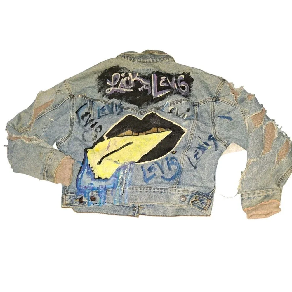 Custom Painted Levis Vintage Jacket Distressed Lick My Levis Size M‎